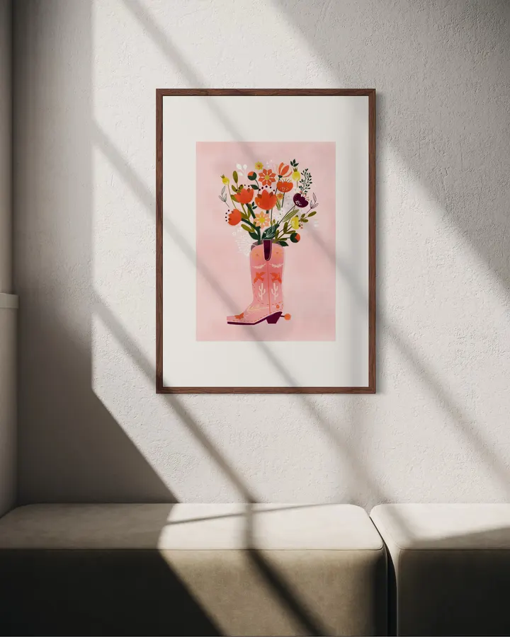 Pink Cowboy Boot & Wildflowers – Soft Western Art Print - ShowMeMars
