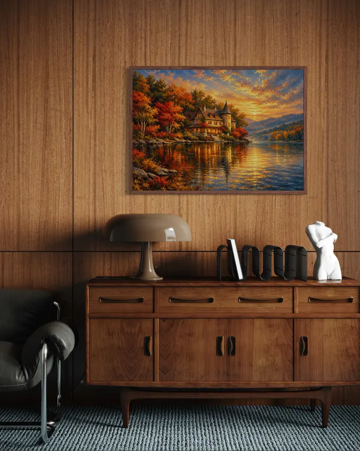 秋色に染まる湖畔の別荘｜紅葉と黄金の夕陽が美しいヨーロッパ風景画｜ジークレーアートプリント - MASAYA YOSHII