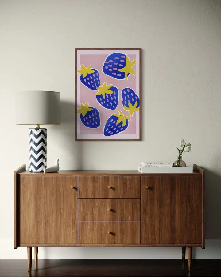 Blue Strawberries – Retro Fruit Art Print - ShowMeMars