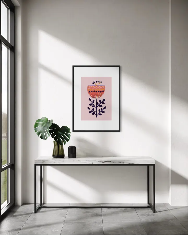 Folk Floral Bloom – Scandinavian Pink Botanical Art Print - ShowMeMars