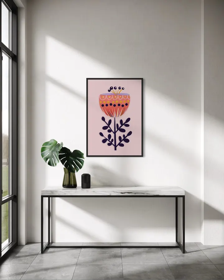 Folk Floral Bloom – Scandinavian Pink Botanical Art Print - ShowMeMars