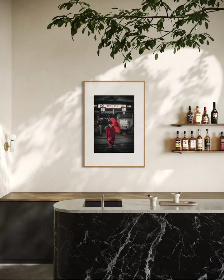 Red Umbrella Beneath Lanterns, Kyoto Teahouse – Maiko Photography Print