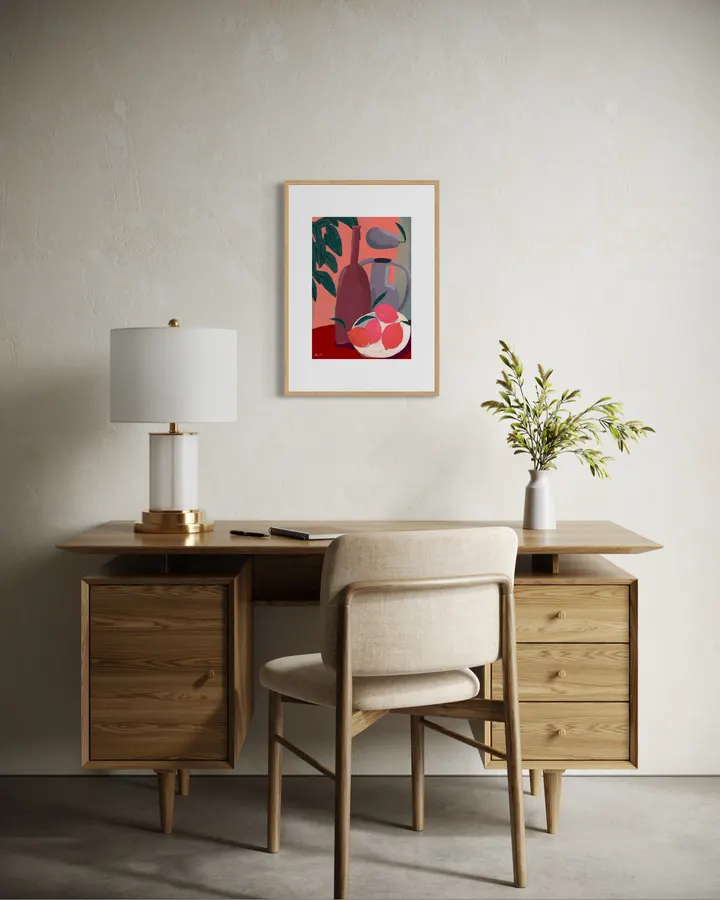 still life with falling pear and hot pink lemon-like fruits - marco marella