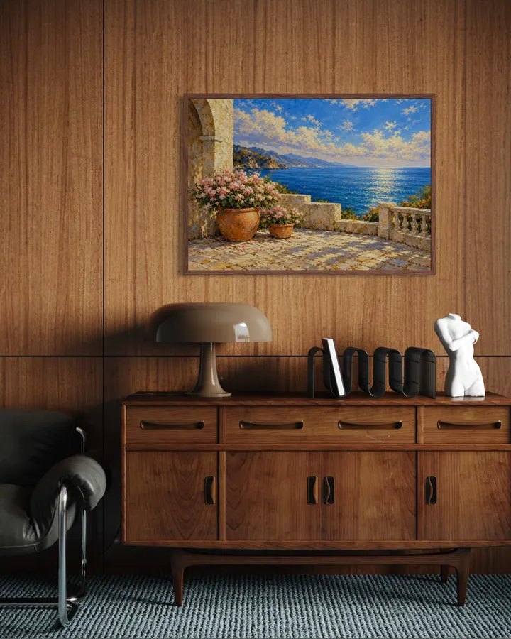 地中海の花咲くテラス|青い海とピンクの花が美しい油彩風の風景画|高級インテリアアート・ジークレープリント