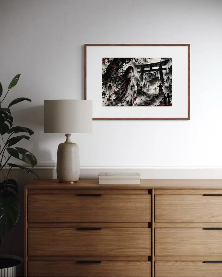 鳥居の向こうに潜む囁き | Whispers Beyond the Torii Gate – Japanese Ink Horror Art