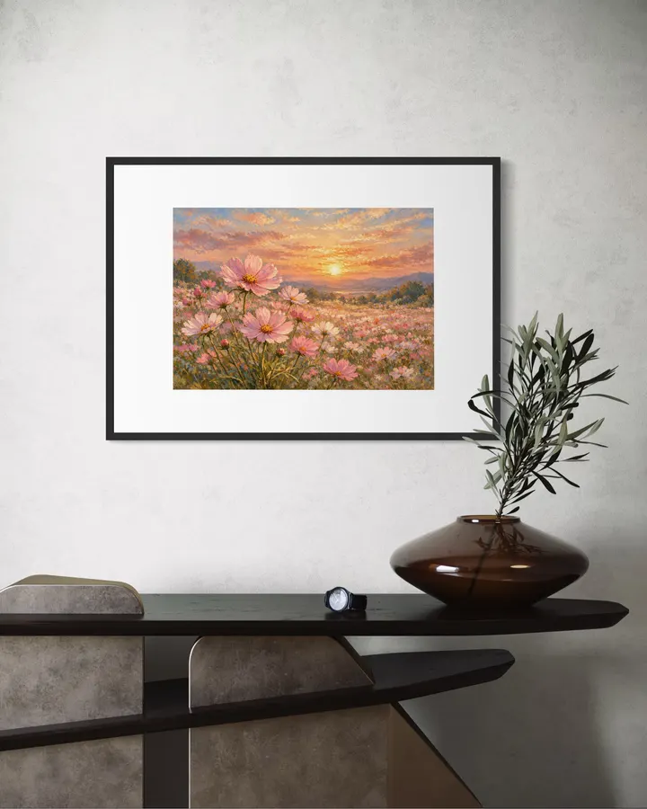 夕映えのコスモス畑｜夕焼けと花のインテリア絵画・印象派風アート - MASAYA YOSHII