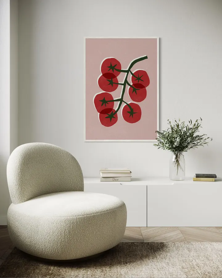 Red Tomatoes on Vine – Retro Pink Kitchen Art Print - ShowMeMars