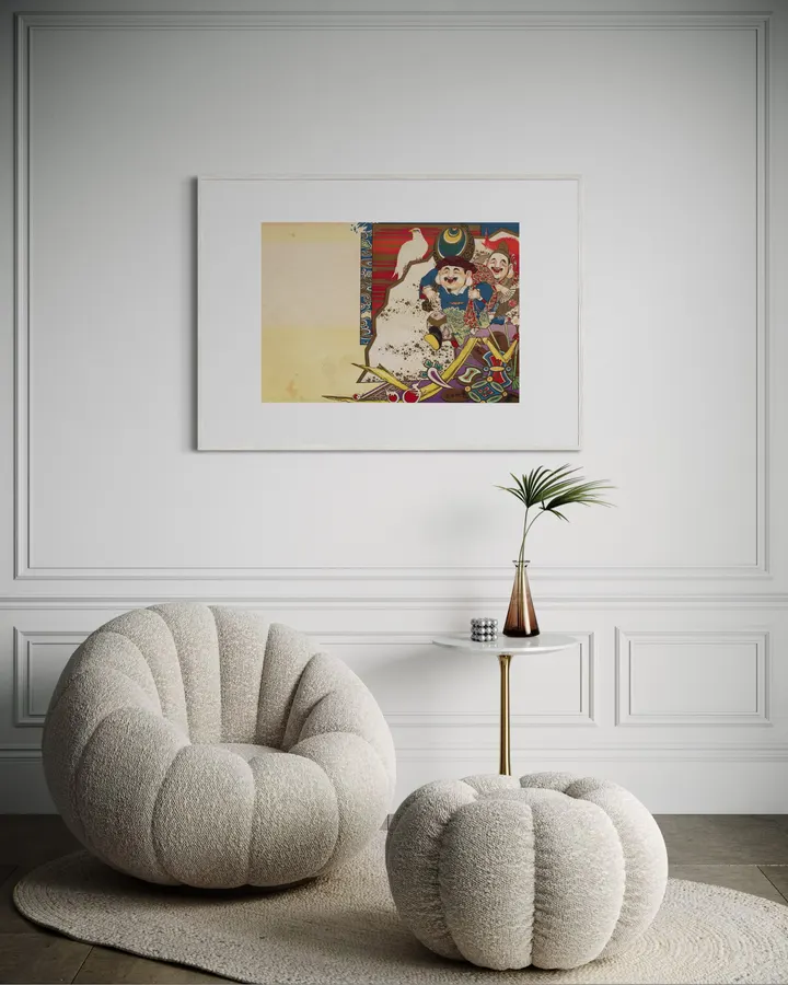 Japanese Wall Art Print - Figures, Crane and Large Fan