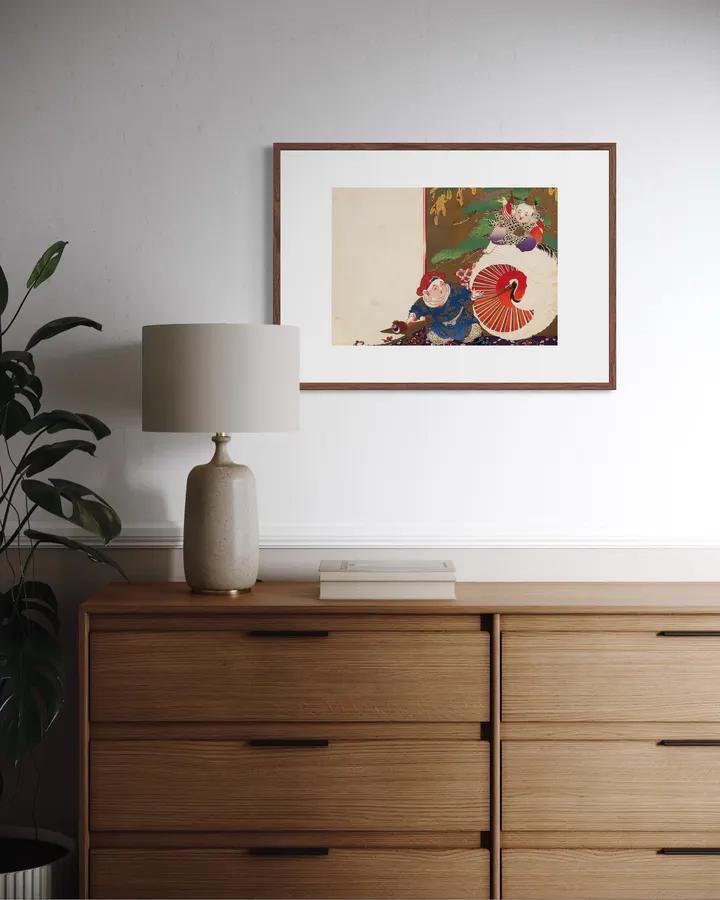 Japanese Wall Art Print - Lucky Figures, Pine and Crane
