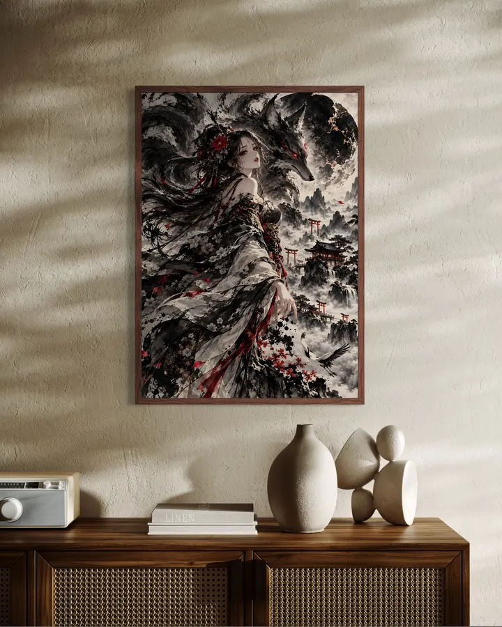 墨から生まれた女神|神秘の九尾狐と黒月の幻想水墨画 | Inkborn Goddess – Mystical Nine-Tailed Fox & Black Moon Japanese Sumi-e Art