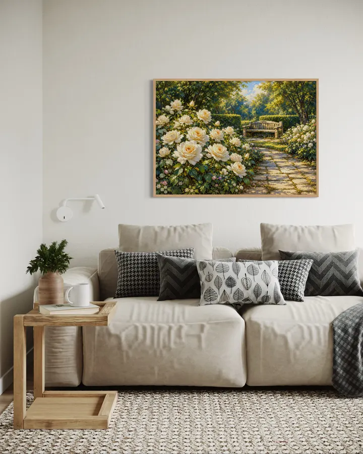 英国庭園の白い薔薇｜木漏れ日が美しいローズガーデンの風景画｜高級インテリアアート・ジークレープリント - MASAYA YOSHII