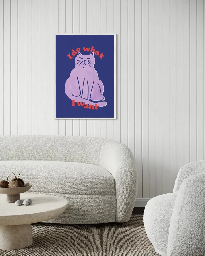 I Do What I Want – Funny Cat Art Poster, Lavender & Indigo Print