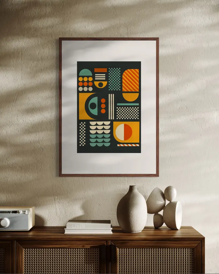 Bauhaus Geometric Pattern – Dark Charcoal Retro Art Print - ShowMeMars