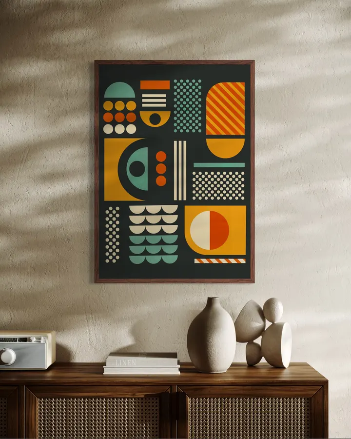 Bauhaus Geometric Pattern – Dark Charcoal Retro Art Print - ShowMeMars