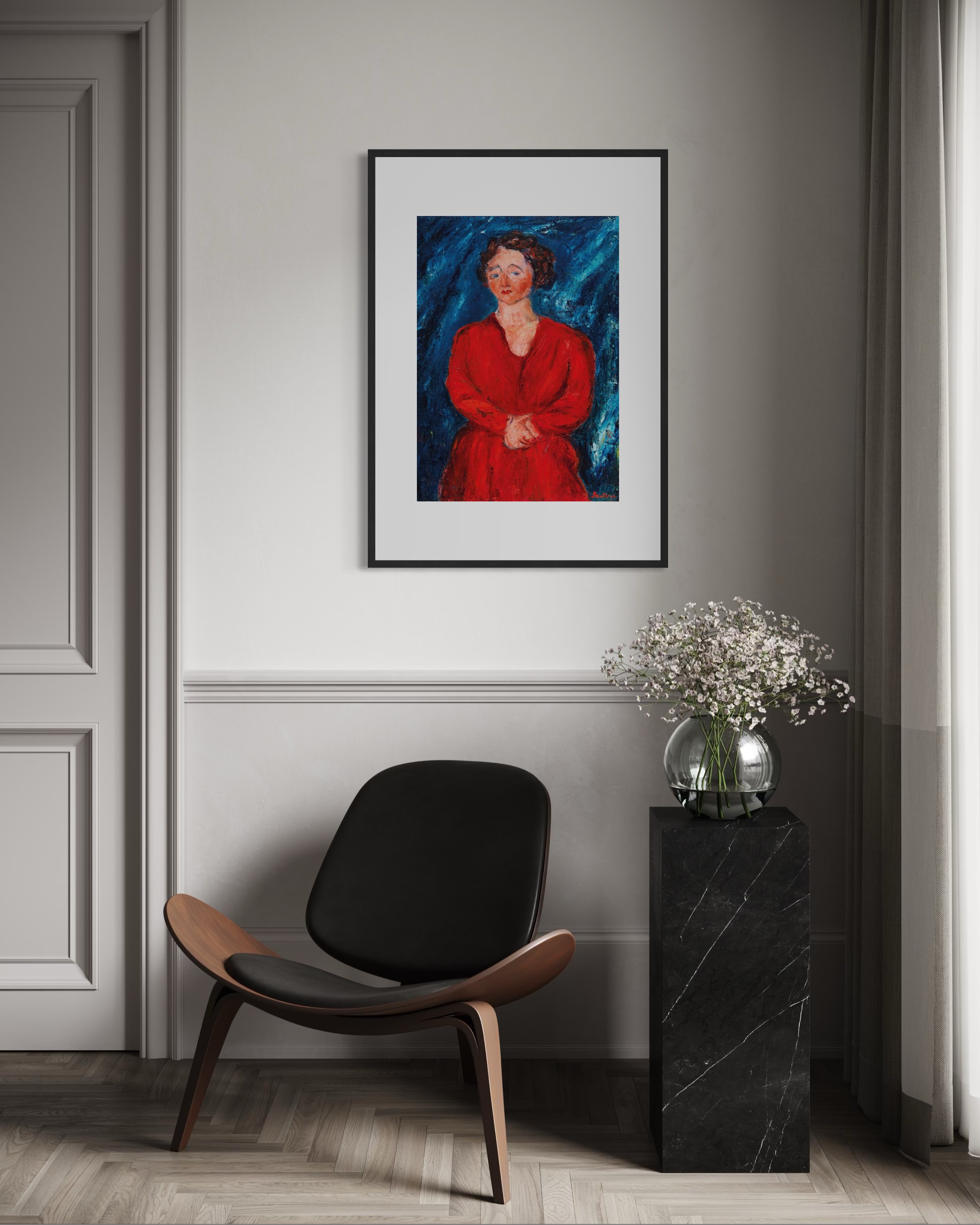 La Femme en rouge au fond bleu