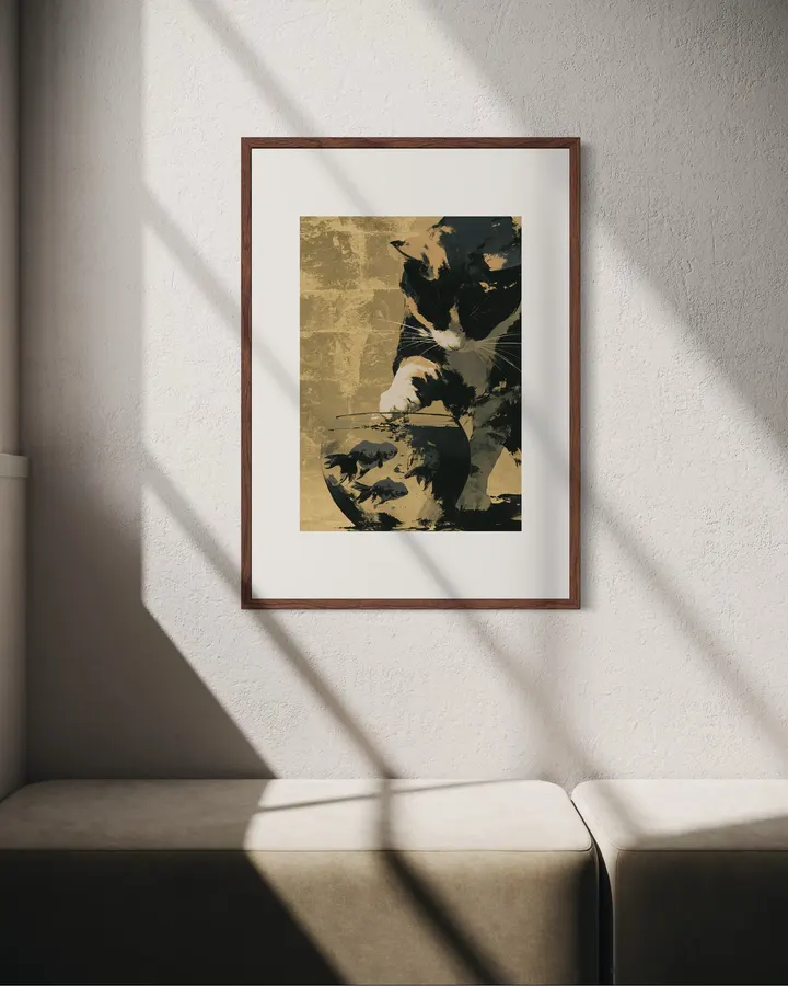 FUKU -福‐ Frontal Gaze  Calico Cat & Goldfish Canvas Wall Art, Modern Japanese Decor - Ck