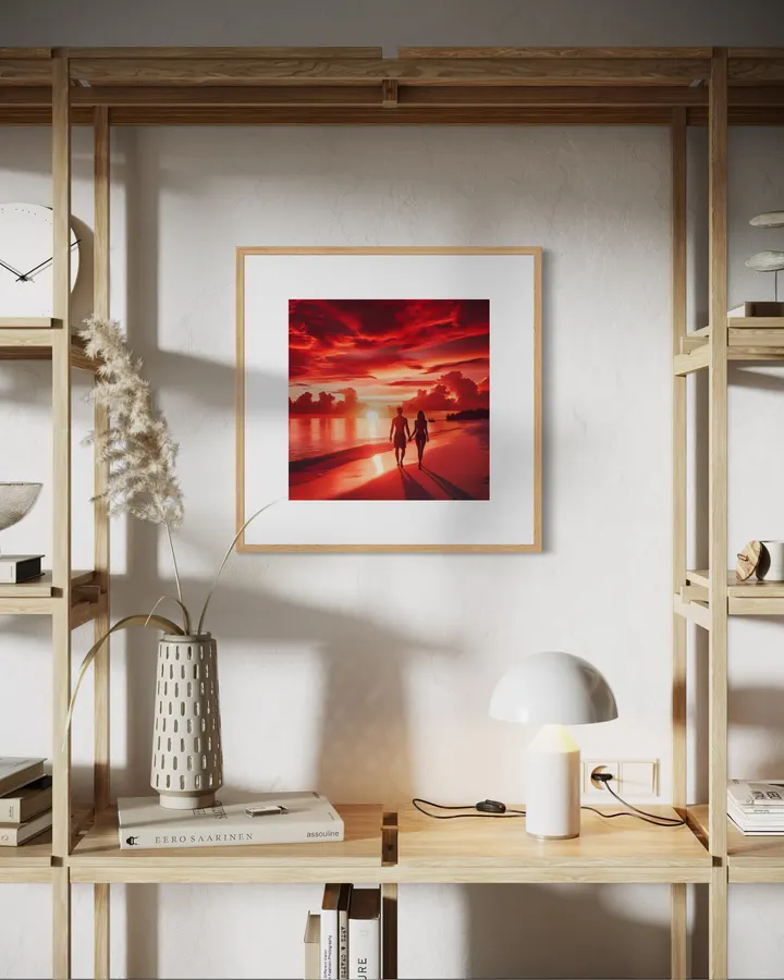 Romantic Couple Walking on Beach at Dramatic Red Sunset - MIPORIUM