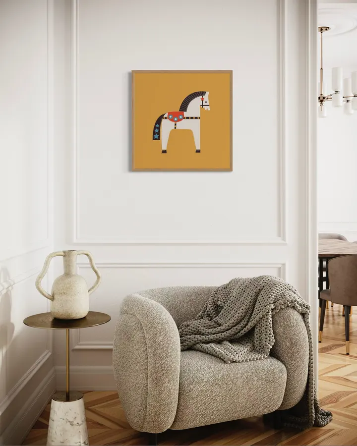 Retro Horse Folk Art – Scandinavian Mustard Ochre Print - ShowMeMars