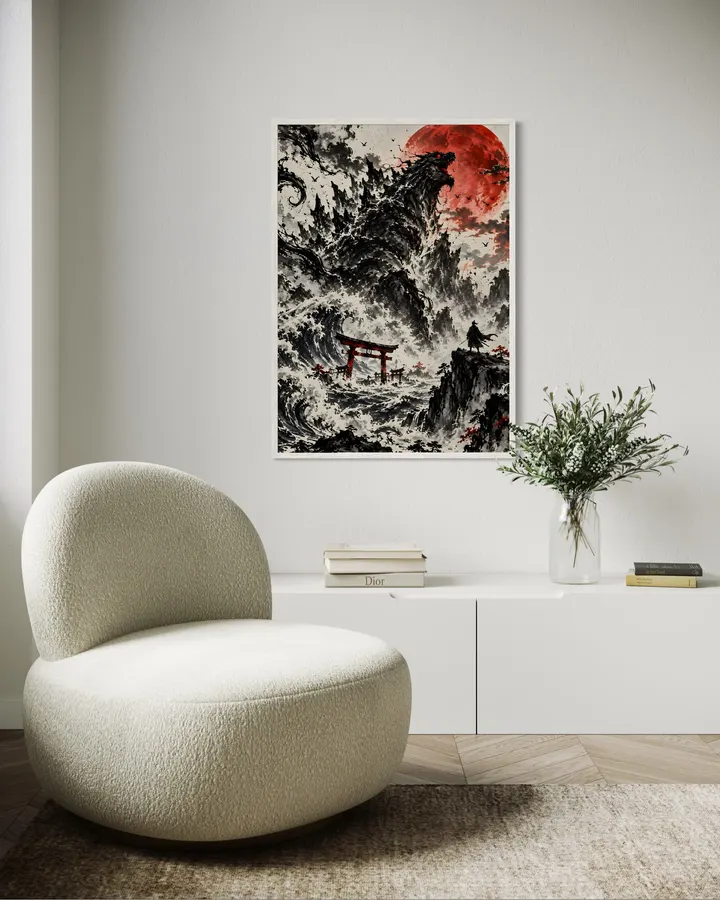 古代怪獣の覚醒 ― 紅月と荒れ狂う海 | Ancient Kaiju Awakens – Blood Moon & Raging Seas | Japanese Sumi-e Ink Art - konkapo00