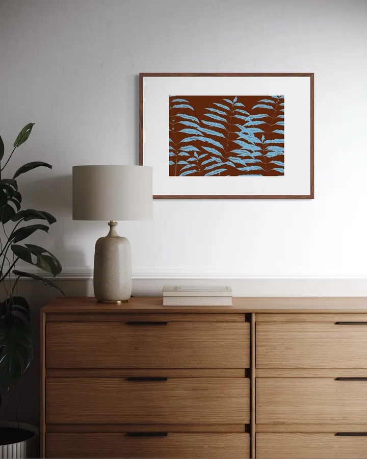 Cyan Fern Leaves on Terracotta