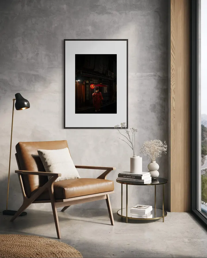 Red Kimono at a Doorway Lantern, Gion Kyoto – Maiko Photography Print