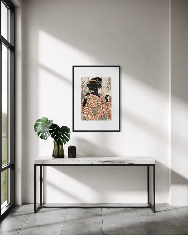 ビードロを吹く黒猫娘浮世絵Black Cat Girl Blowing a Glass Pipe Ukiyo-e
