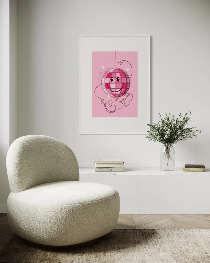 Dancing Disco Ball – Pink Retro Cartoon Character Art Print - ShowMeMars
