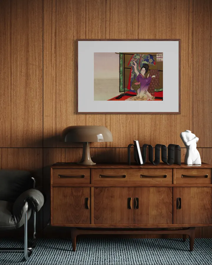 Japanese Wall Art Print - Woman beneath a Decorative Curtain