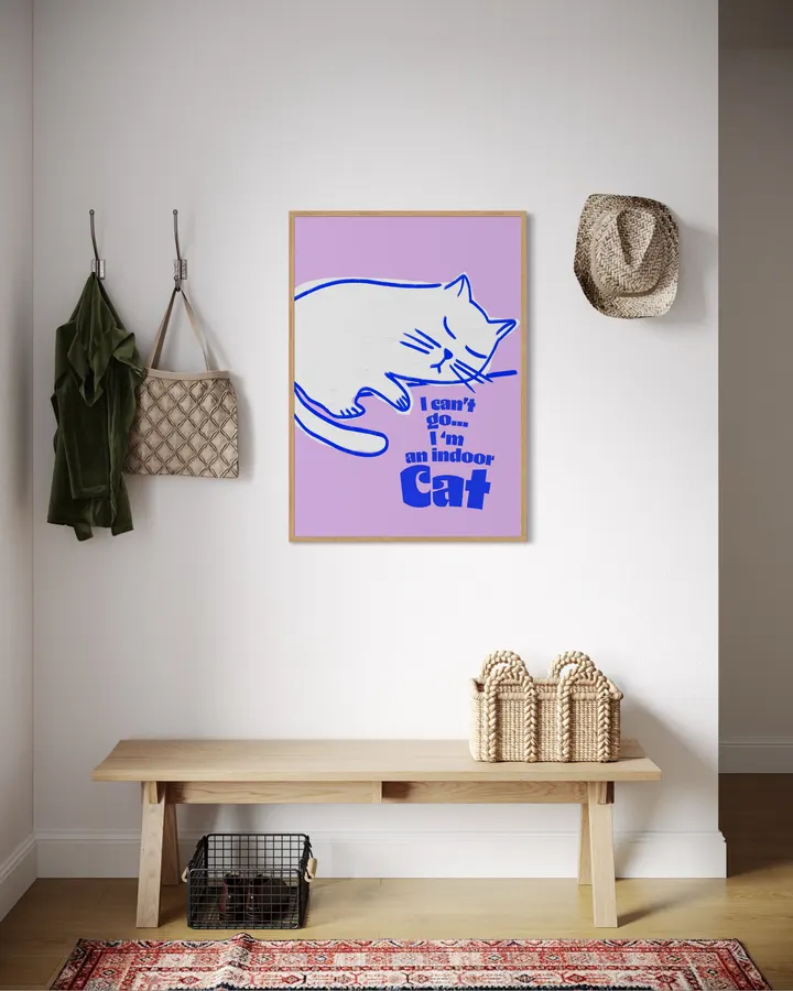 Indoor Cat Quote – Funny Lavender Blue Cat Art Print - ShowMeMars