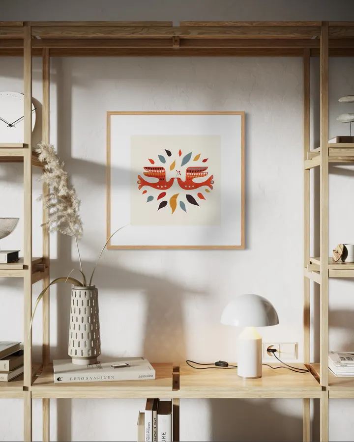 Folk Art Doves – Scandinavian Birds Retro Art Print - ShowMeMars