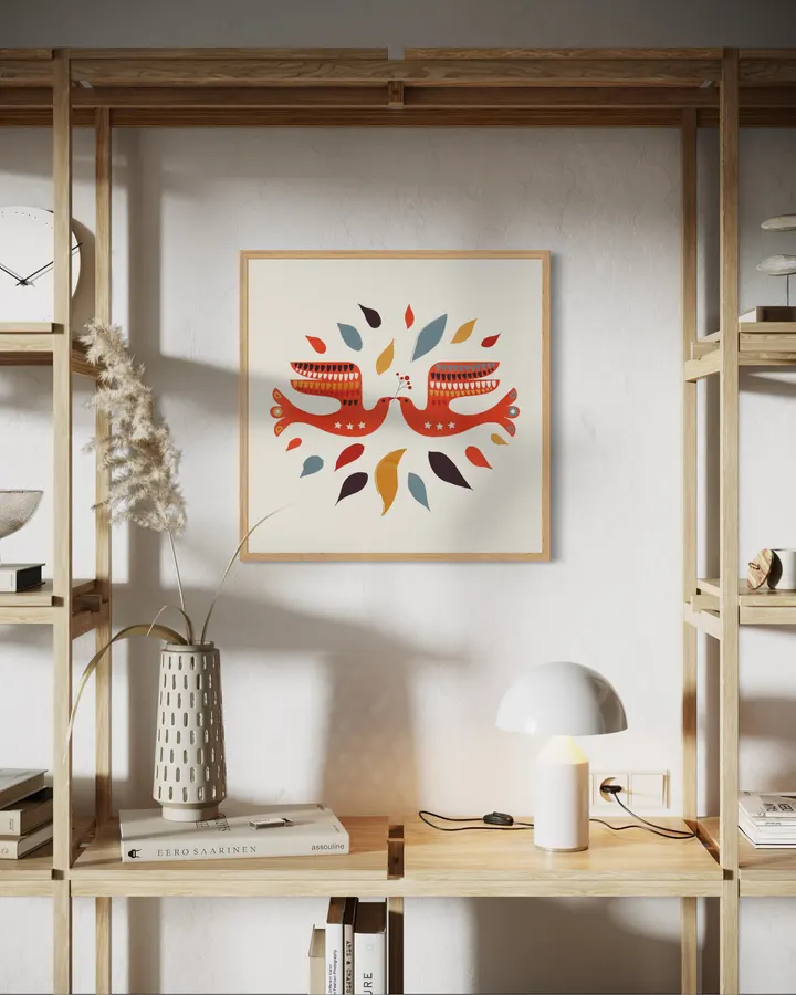 Folk Art Doves – Scandinavian Birds Retro Art Print - ShowMeMars