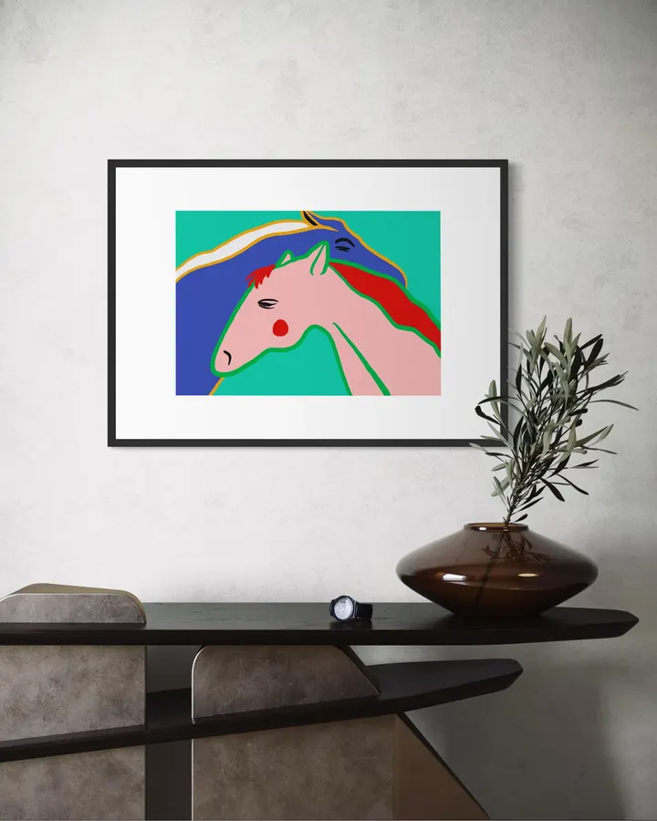 Nuzzling Horses in Emerald, Cobalt & Coral - Little Dean