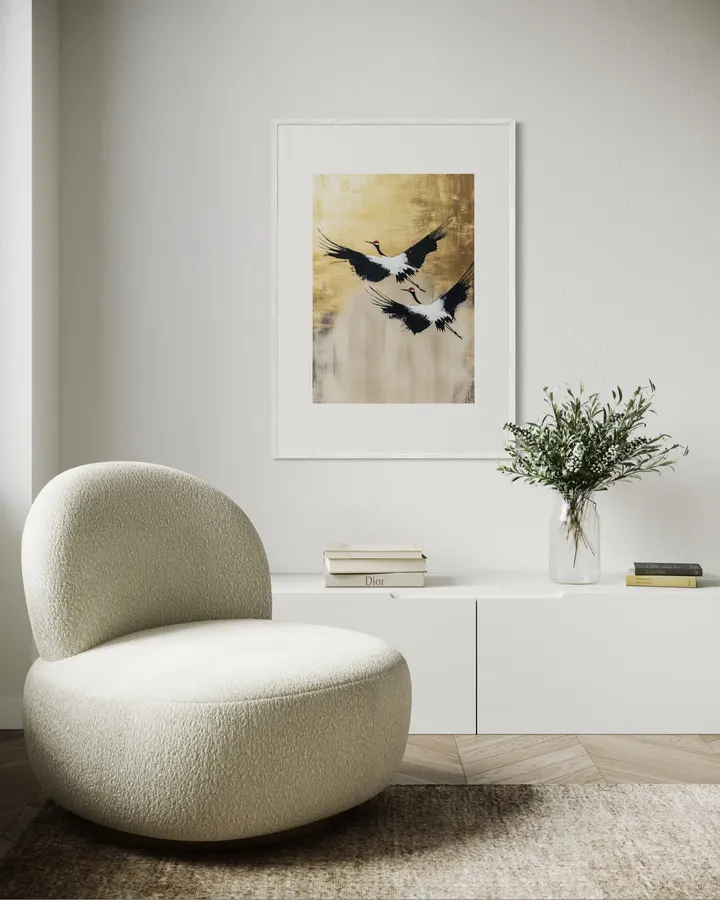 FUKU -福‐ Distant Flight  Two Cranes Wide Abstract Canvas, Golden Zen Wall Print - Ck