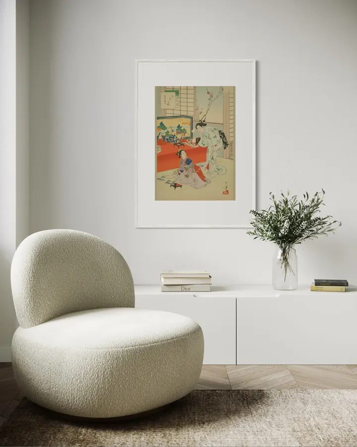 Japanese Wall Art Print - Playing with Hina Dolls - Woman of the Genbun Period