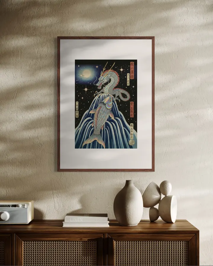 鯉滝登り宇宙龍浮世絵Koi Climbing Waterfall Cosmic Dragon Ukiyo-e - 縁糸