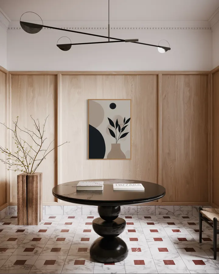 Botanical Study with Dark Vessel & Terracotta Sun