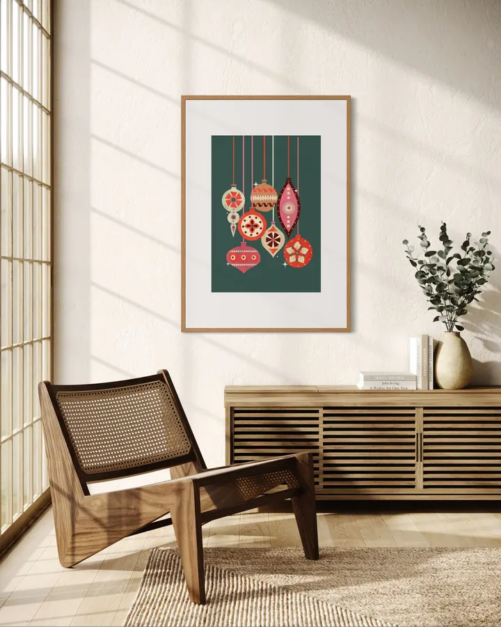 Hanging Retro Baubles – Dark Mid Century Christmas Print