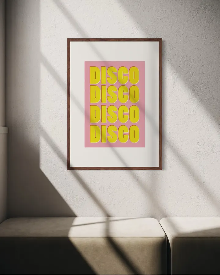 Disco Disco Pink & Yellow – Retro Typography Art Print - ShowMeMars