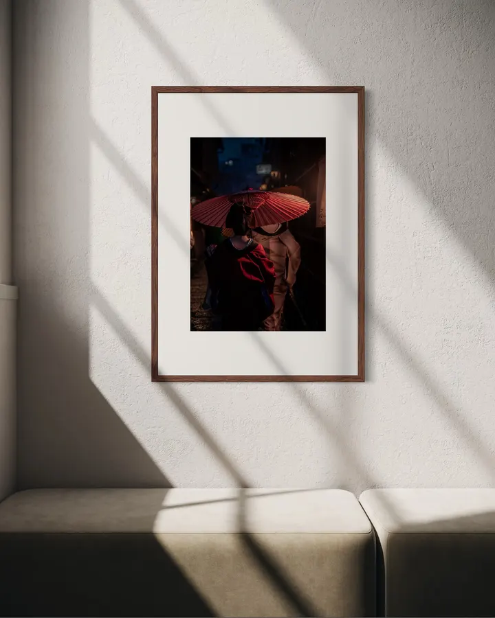 Rain-Darkened Gion Street, Red Parasol – Maiko Photography Print