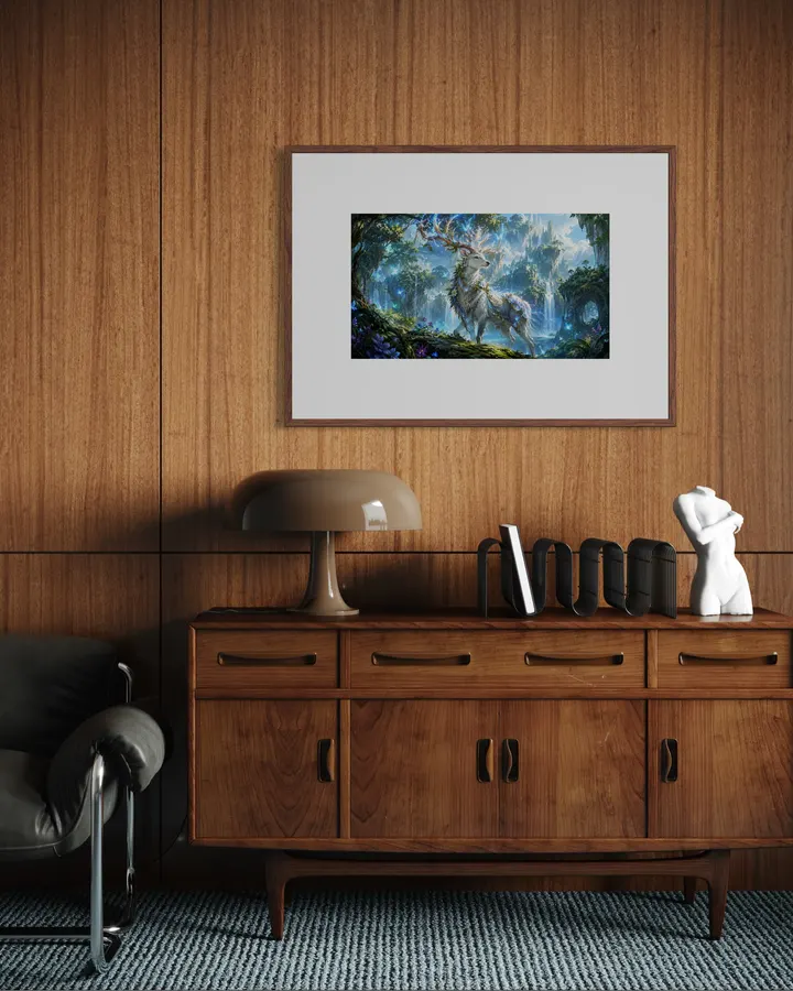 魔法の森の神秘的な白鹿 ― 幻想的なファンタジーアート English: Mystical White Stag in the Enchanted Forest – Fantasy Wall Art