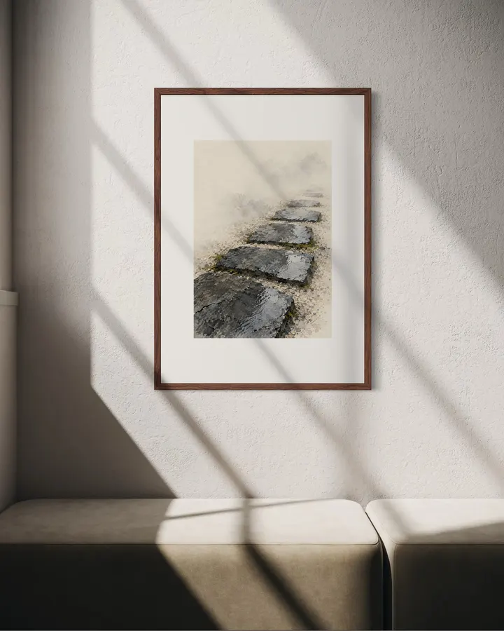 雨あとの小径 — 墨と青灰の石畳アート - 墨一筆