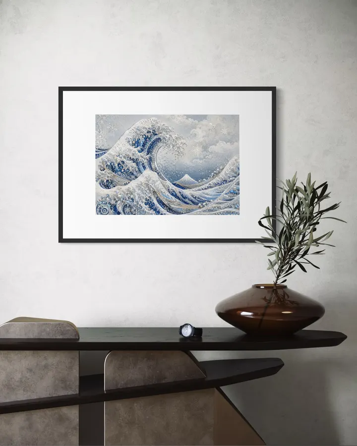 Crystal Great Wave – Snowflake & Silver Hokusai-Inspired Art - CocoHare Production