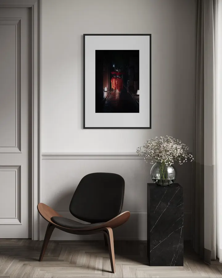 Gion Alley at Night, Orange Kimono – Two Maiko Photography Print