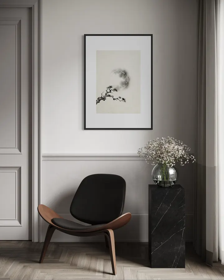 Moonlit Pine: Minimalist Japanese Sumi-e Art Print - 稲山いこい