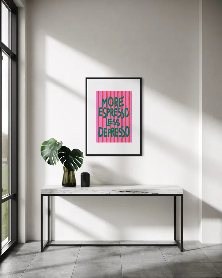 More Espresso Less Depresso – Pink Stripe Coffee Art Print - ShowMeMars