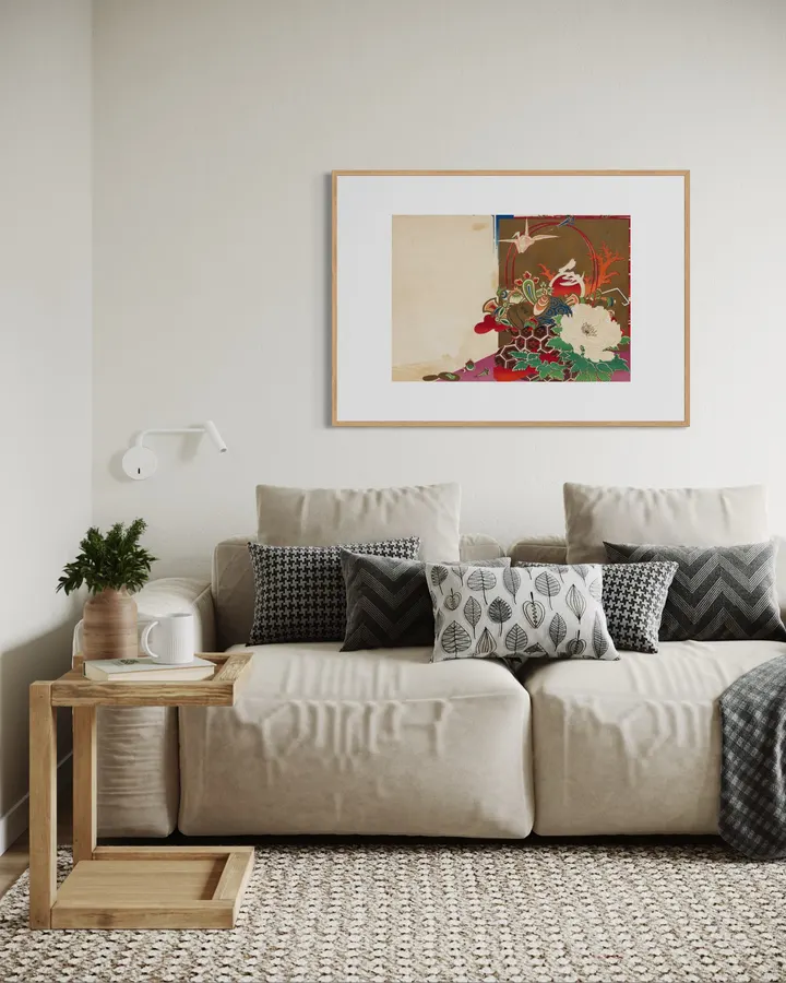 Japanese Wall Art Print - Crane and Floral Motifs