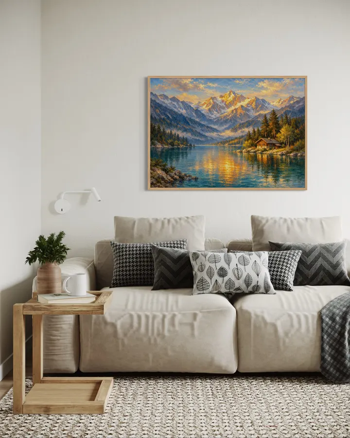 アルプスの湖と黄金の朝｜雪山と湖面に輝く朝日を描いた風景画｜高級インテリアアート・ジークレープリント - MASAYA YOSHII