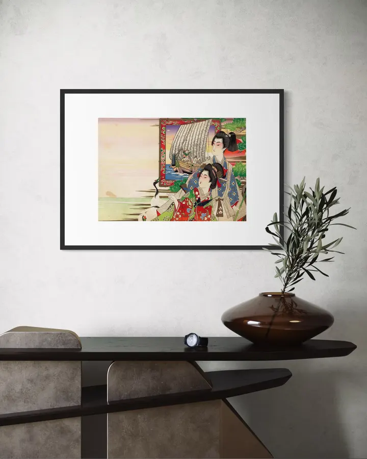 Japanese Wall Art Print - Two Women and a Decorative Curtain