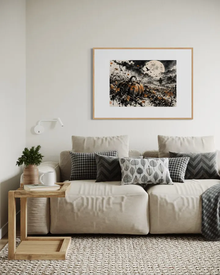 Moonlit Pumpkin Patch Sumi-e Ink Painting - konkapo00